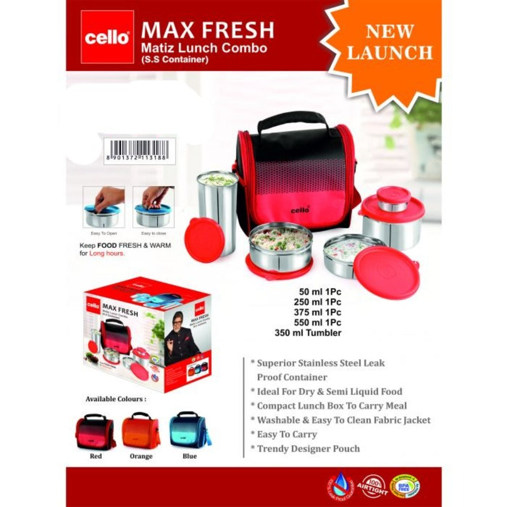 Cello Stainless Steel Matiz Max Fresh Lunch Box Combo | 5 Containers