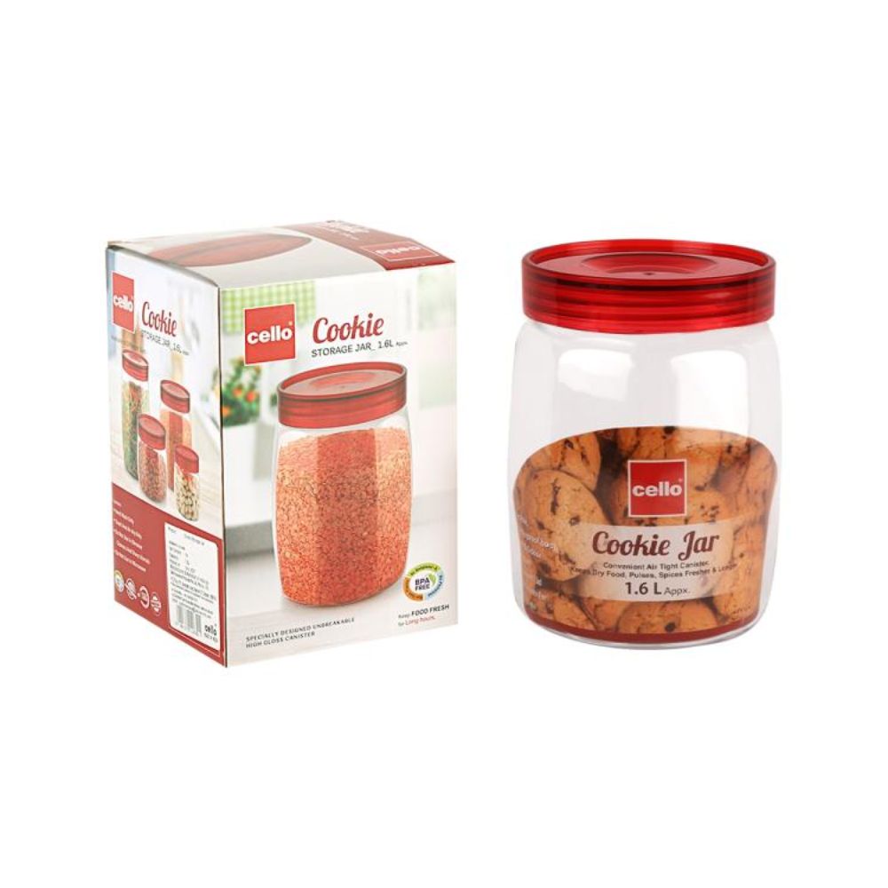 Cello Cookie Plastic Storage Jar with Red Lid | Transparent | 1 Pc