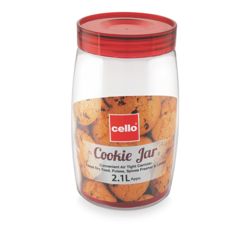 Cello Cookie Plastic Storage Jar with Red Lid | Transparent | 1 Pc