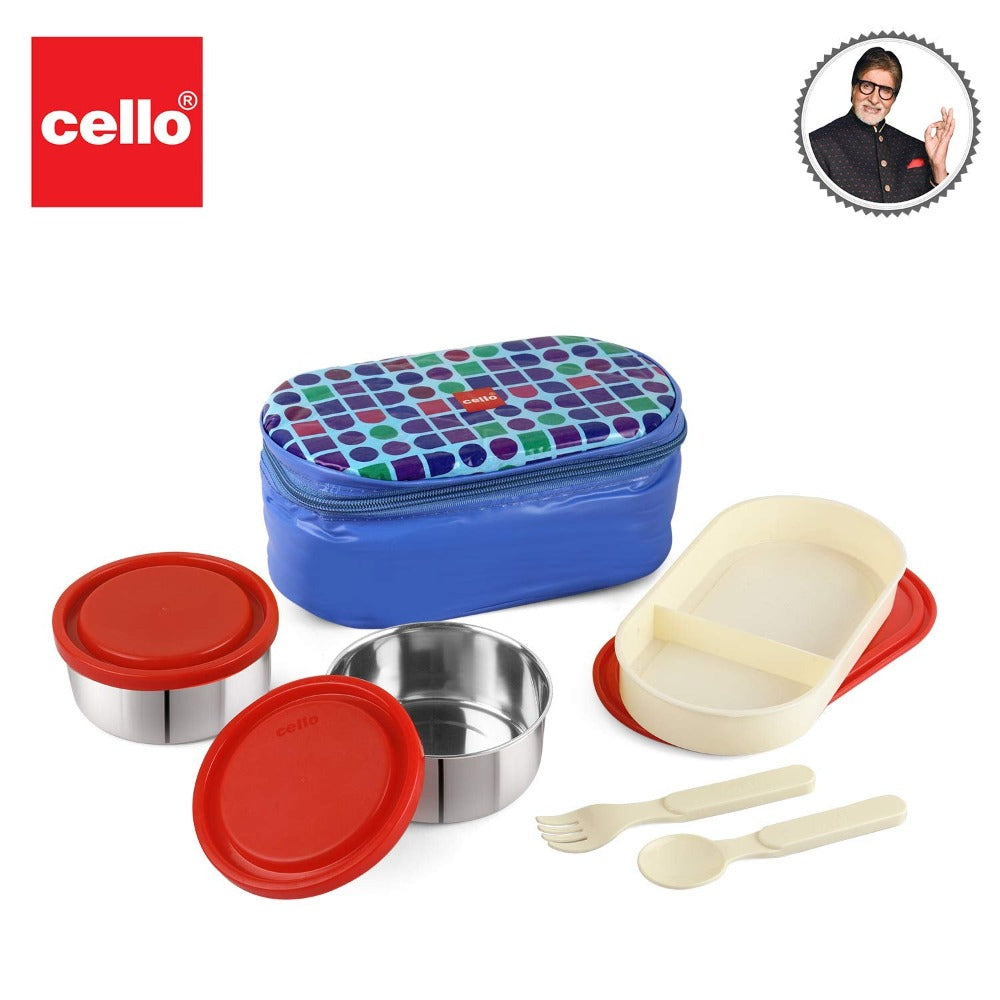 Cello Big Bite Lunch Box with Jacket | 2 Round Containers +1 Oval Container + 1 Spoon + 1 Fork | Set of 5 Pcs
