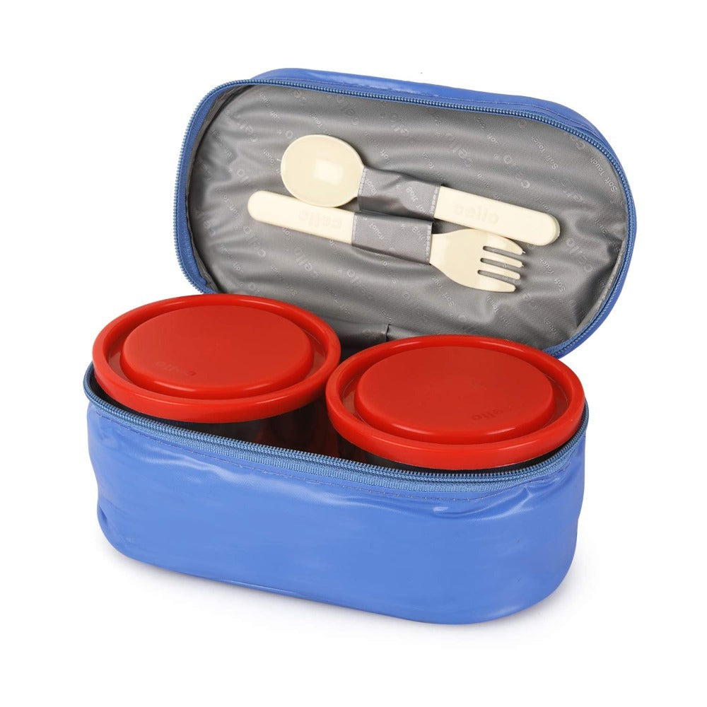 Cello Big Bite Lunch Box with Jacket | 2 Round Containers +1 Oval Container + 1 Spoon + 1 Fork | Set of 5 Pcs