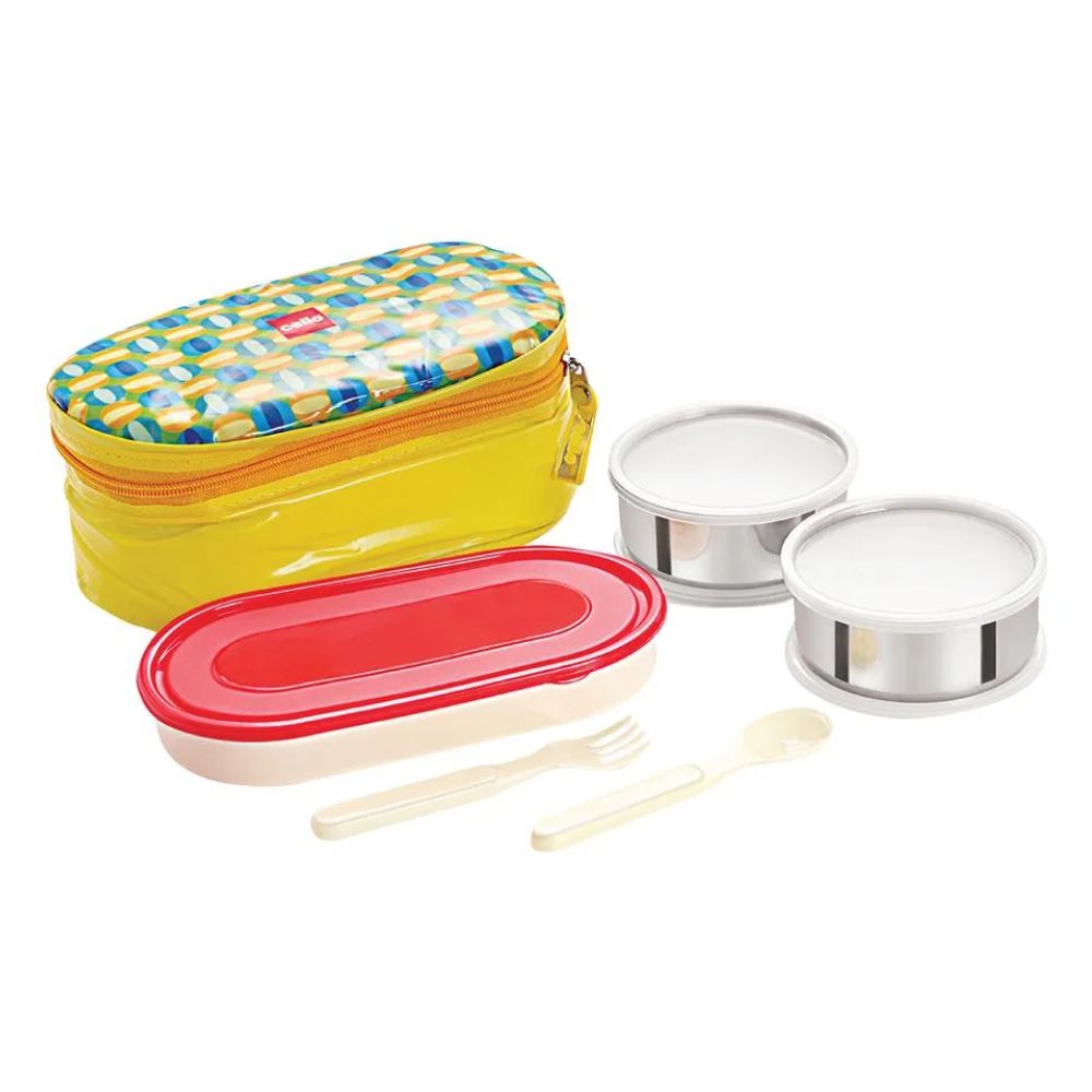 Cello Big Bite Lunch Box with Jacket | 2 Round Containers +1 Oval Container + 1 Spoon + 1 Fork | Set of 5 Pcs