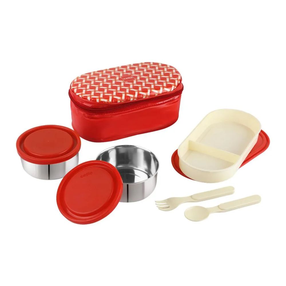 Cello Big Bite Lunch Box with Jacket | 2 Round Containers +1 Oval Container + 1 Spoon + 1 Fork | Set of 5 Pcs