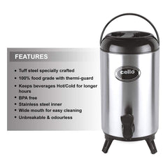 Cello Thunder 8 Litre Stainless Steel Insulated Water Jug | Silver & Black