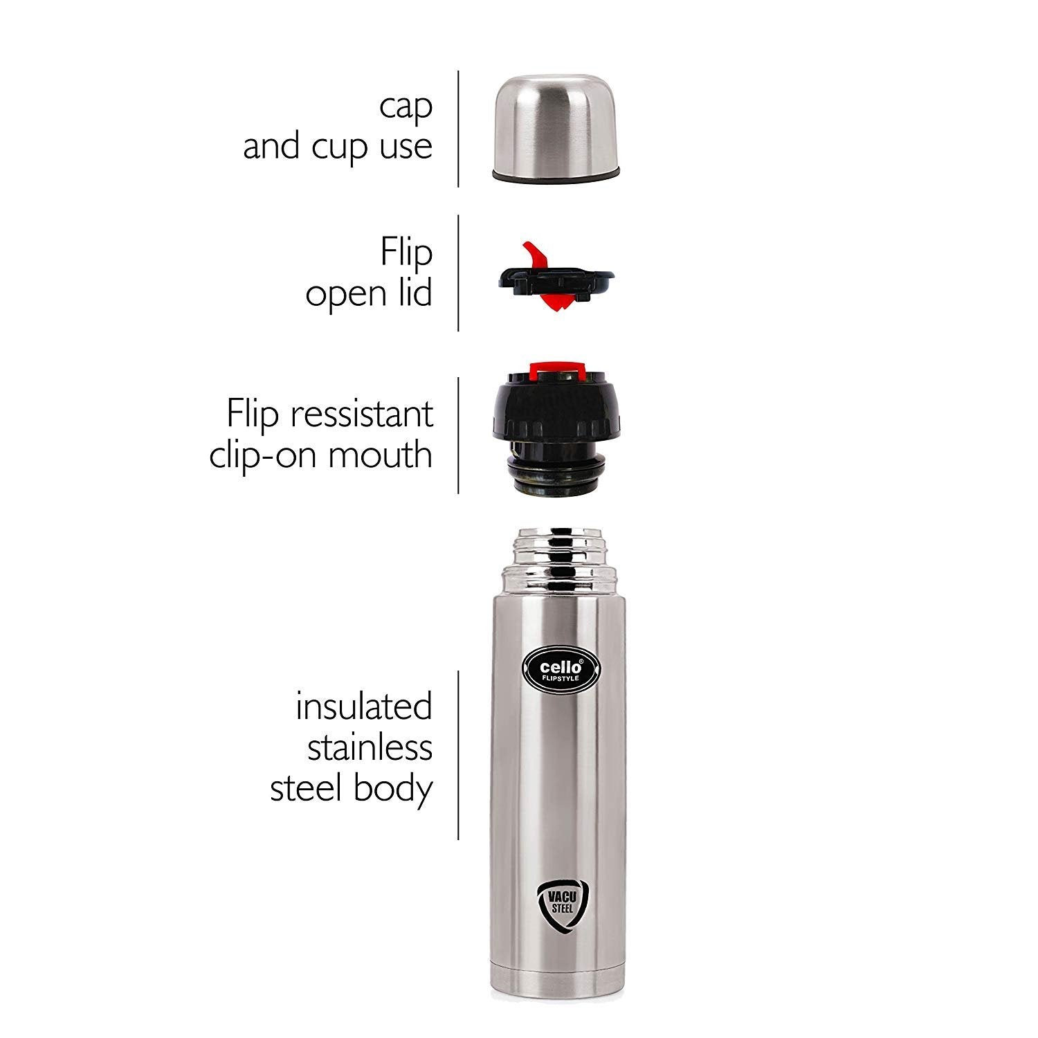 Cello Flip Style Stainless Steel Bottle with Thermal Jacket, Silver