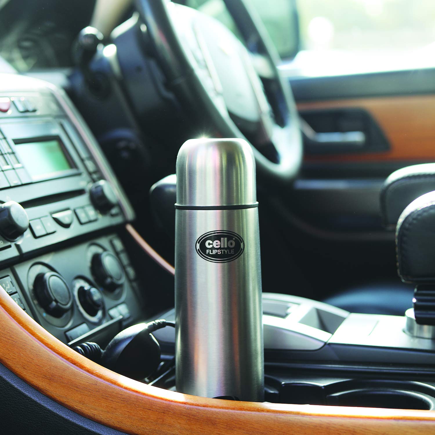Cello Flip Style Stainless Steel Bottle with Thermal Jacket, Silver