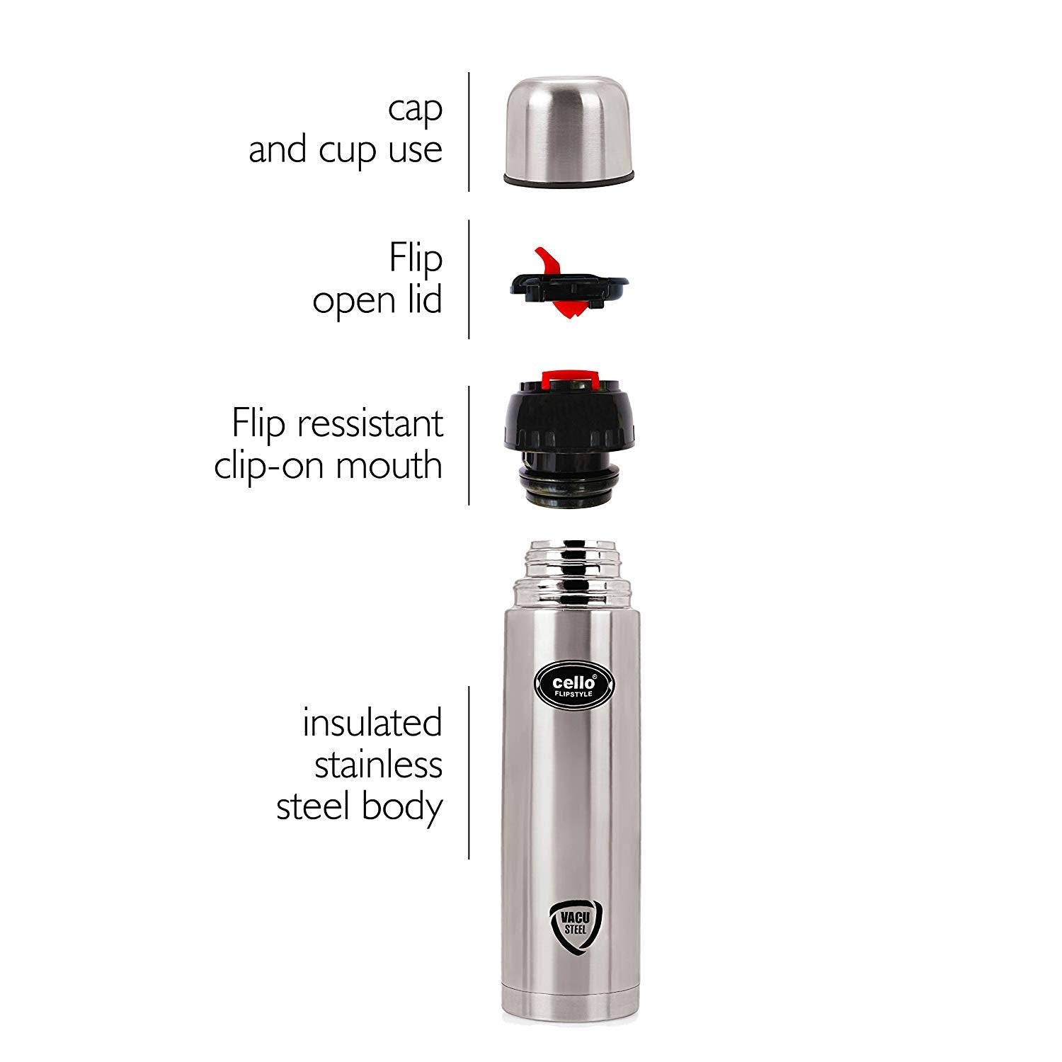 Cello Flip Style Stainless Steel Bottle with Thermal Jacket, Silver