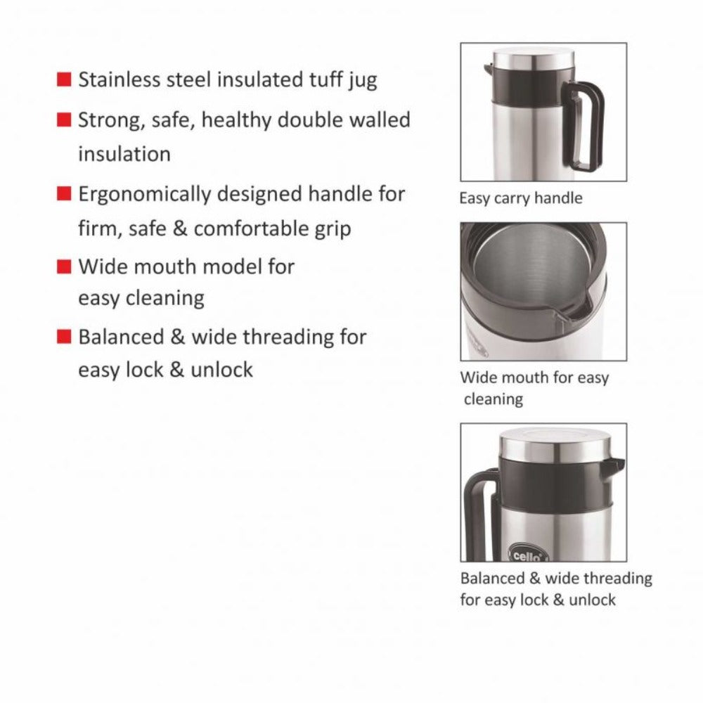 Cello Carolene Tuff Steel Insulated Jug | Silver | 1 Pc