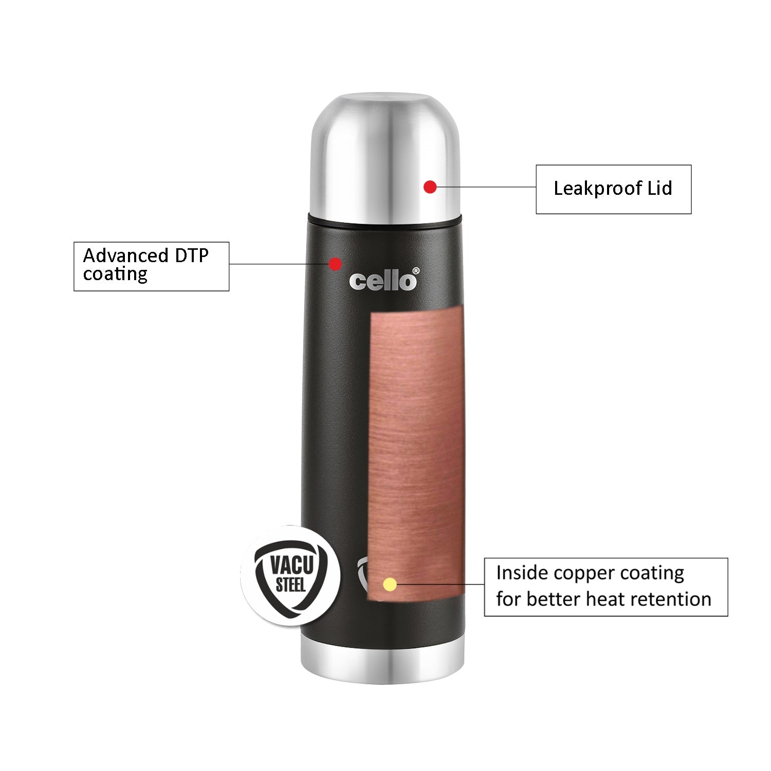 Cello Duro Flip Tuff Steel Water Bottle with Durable DTP Coating | 1 Pc