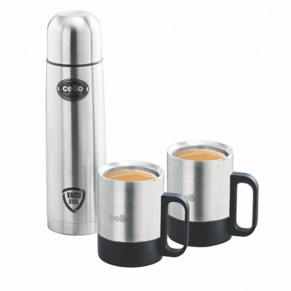 Cello Stainless Steel Classic Gift Set - 500 ML Flask + 200 ML Mug | Silver | Set of 3 Pcs