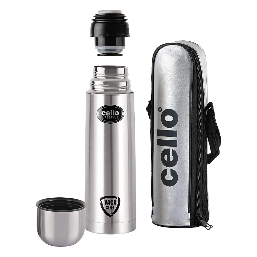 Cello Stainless Steel Classic Gift Set - 500 ML Flask + 200 ML Mug | Silver | Set of 3 Pcs
