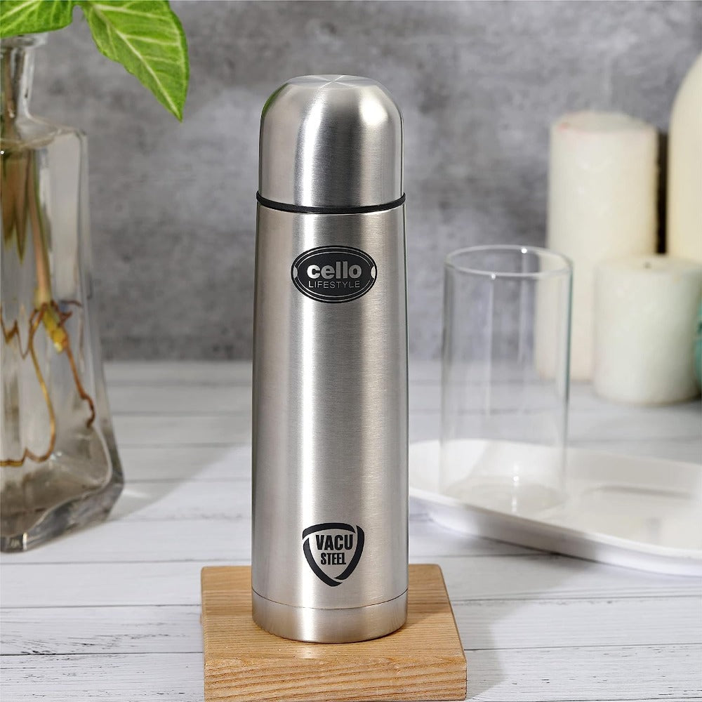 Cello Stainless Steel Classic Gift Set - 500 ML Flask + 200 ML Mug | Silver | Set of 3 Pcs