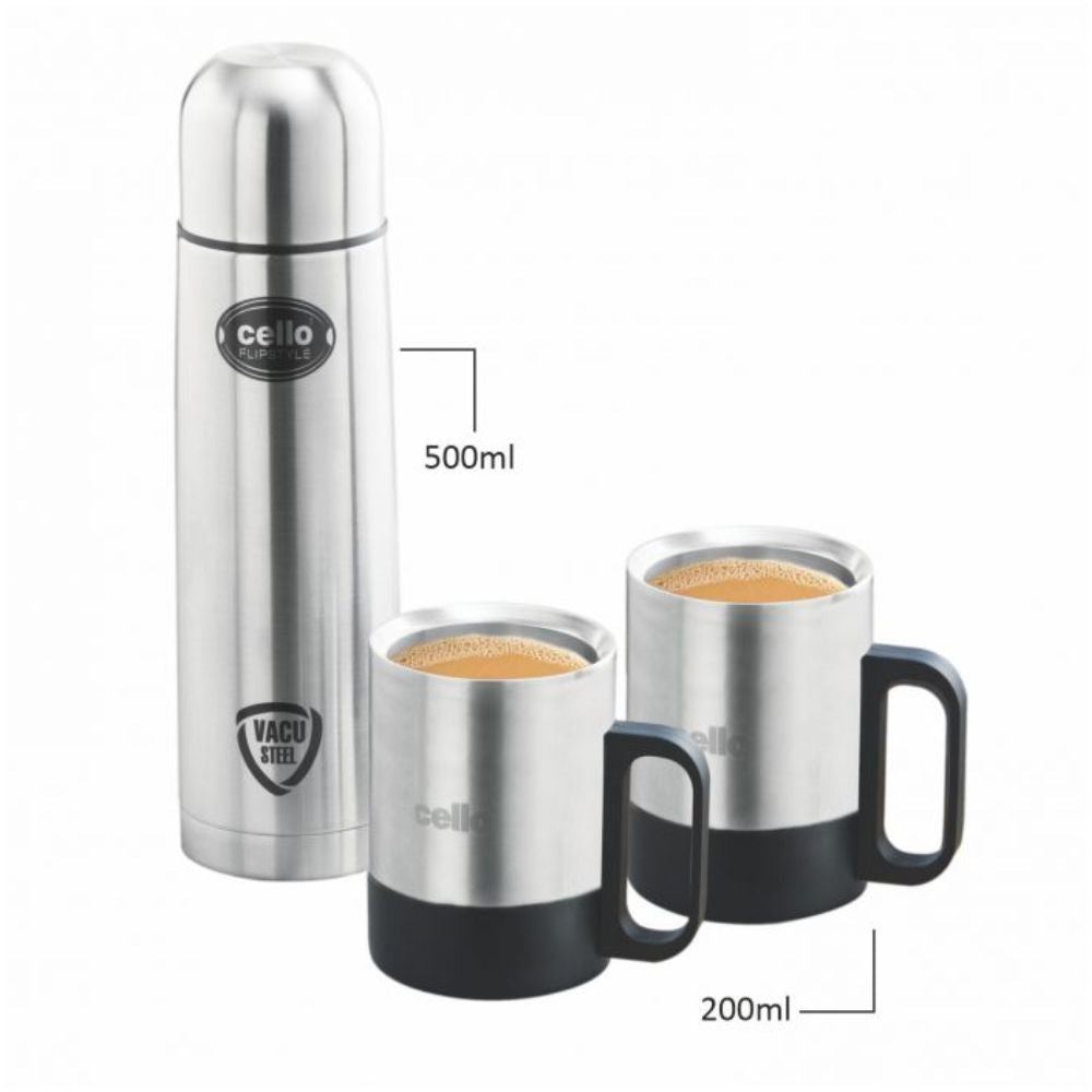 Cello Stainless Steel Classic Gift Set - 500 ML Flask + 200 ML Mug | Silver | Set of 3 Pcs