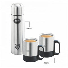 Cello Stainless Steel Classic Gift Set - 500 ML Flask + 200 ML Mug | Silver | Set of 3 Pcs