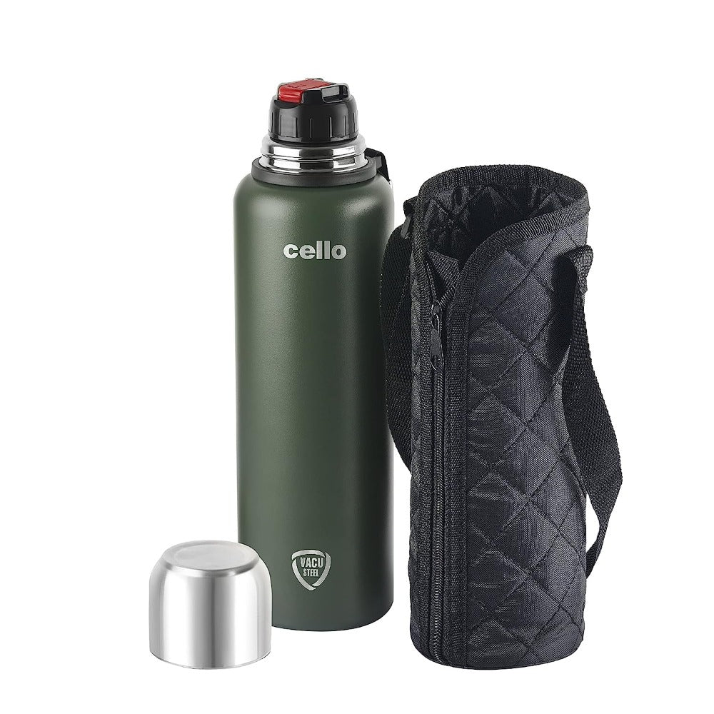 Cello Duro Flip 1500 ML Double Walled Tuff Steel Vacusteel Water Flask with Durable DTP Coating and Thermal Jacket | 1 Pc
