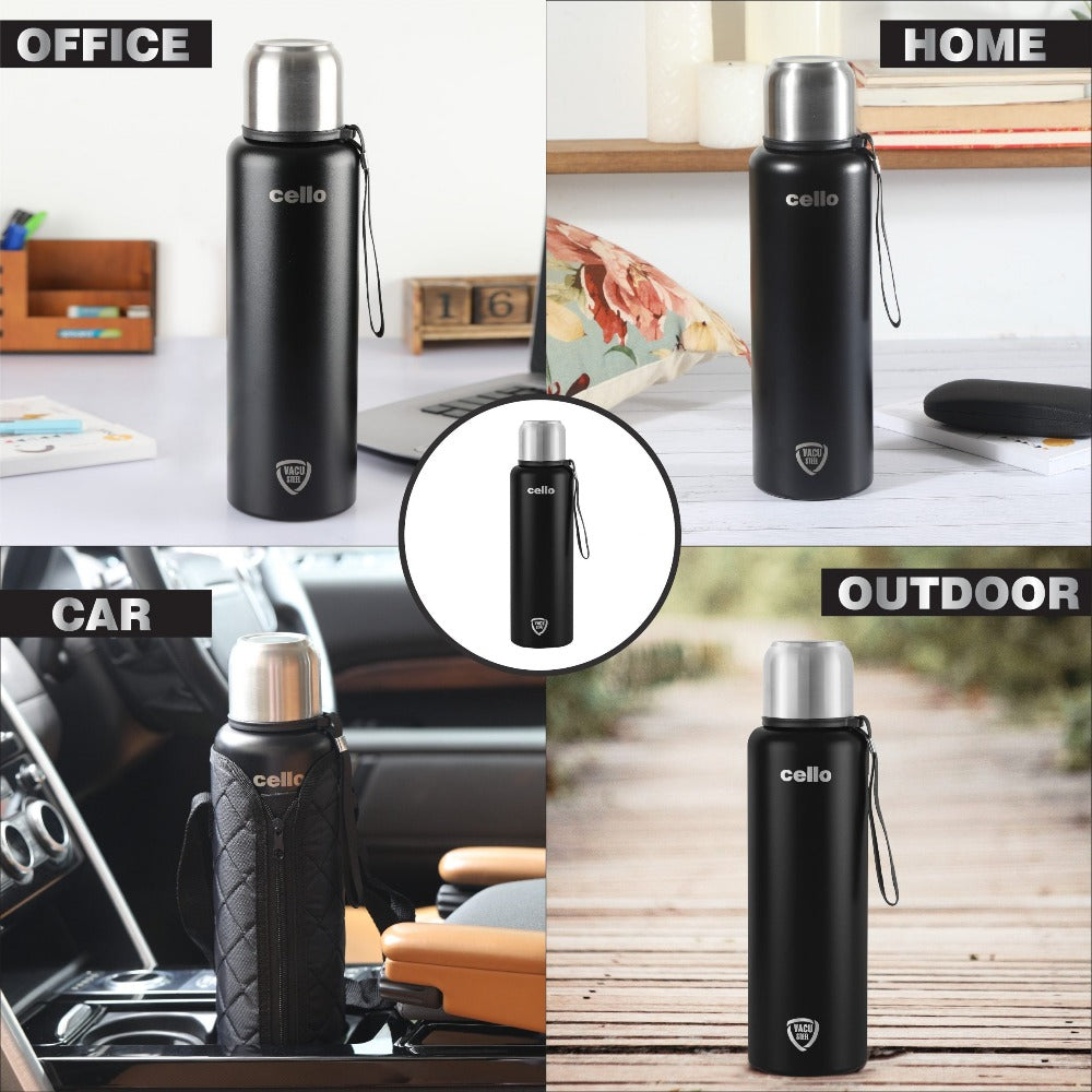 Cello Duro Flip 1500 ML Double Walled Tuff Steel Vacusteel Water Flask with Durable DTP Coating and Thermal Jacket | 1 Pc