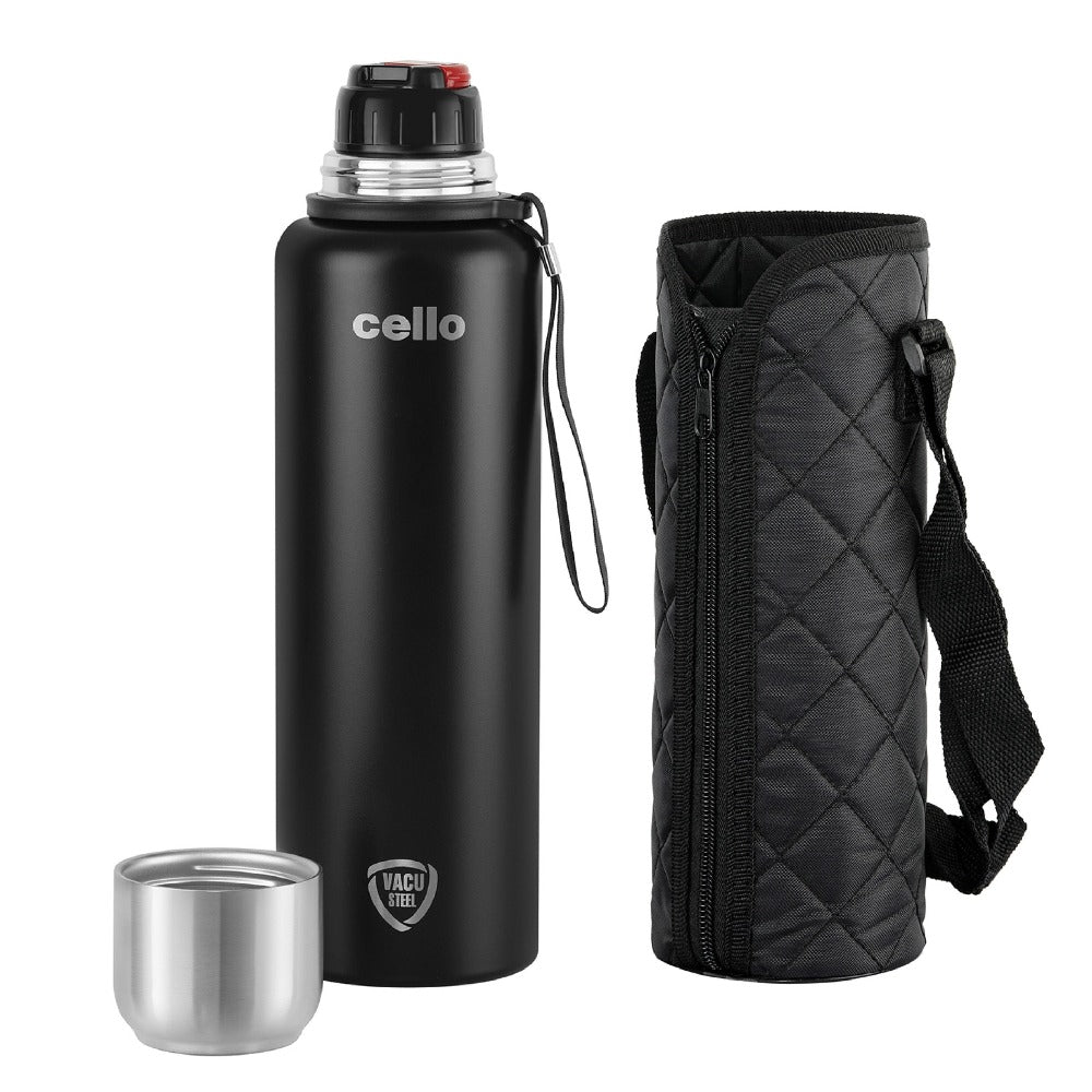 Cello Duro Flip 1500 ML Double Walled Tuff Steel Vacusteel Water Flask with Durable DTP Coating and Thermal Jacket | 1 Pc