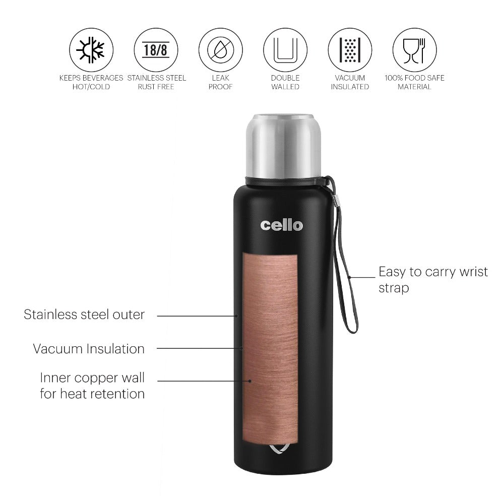 Cello Duro Flip 1500 ML Double Walled Tuff Steel Vacusteel Water Flask with Durable DTP Coating and Thermal Jacket | 1 Pc