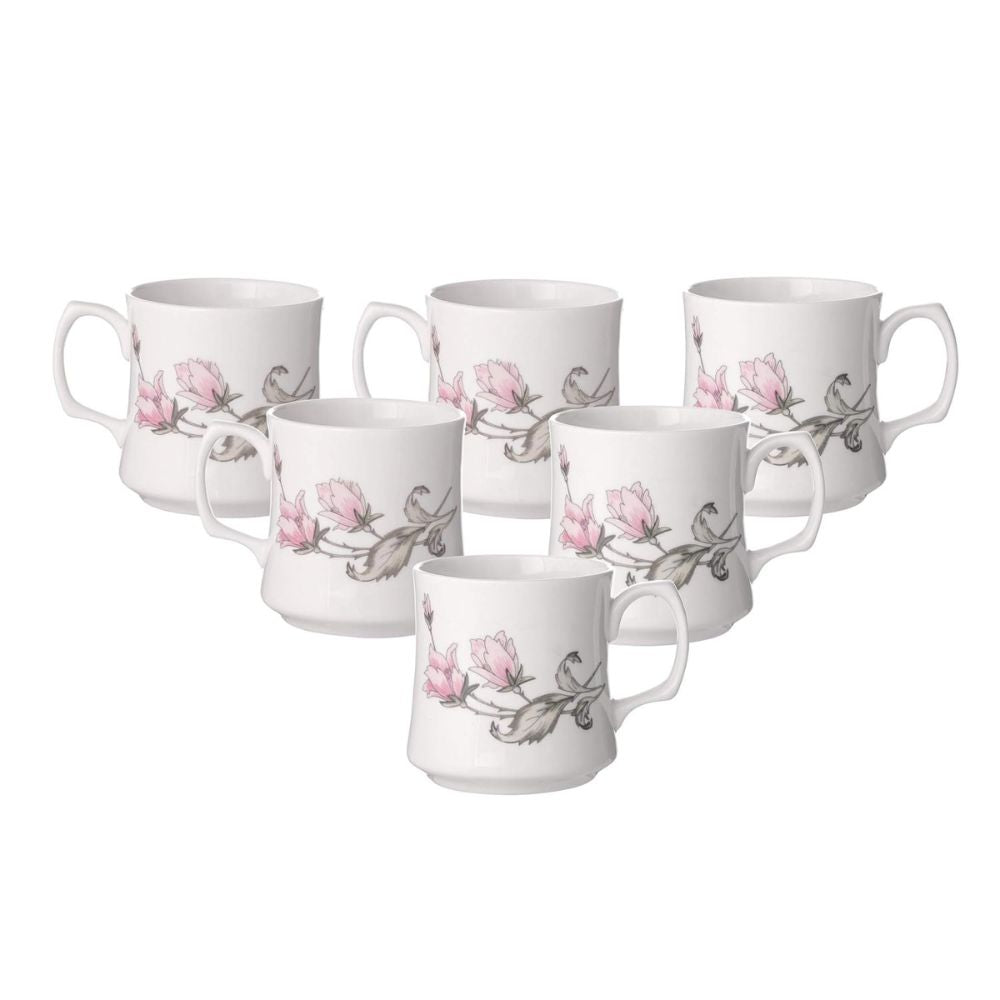 Clay Craft Ceramic Floral Printed 200 ML Coffee & Tea Mugs | White | Set of 6 Pcs