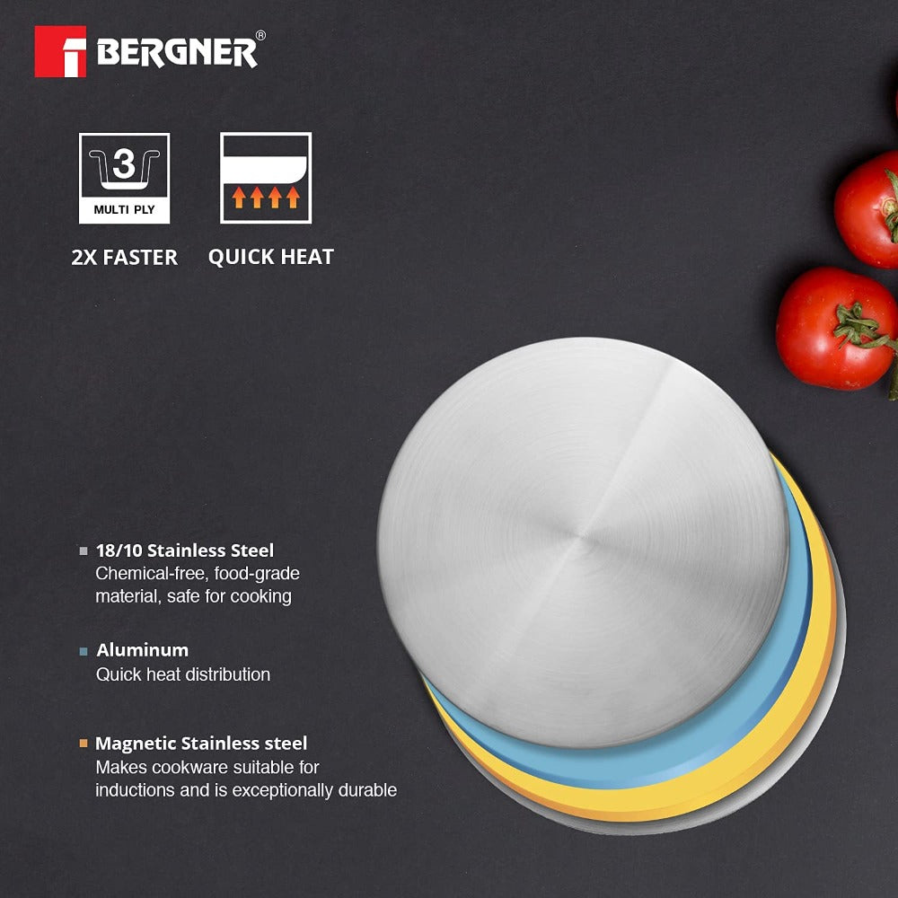 Bergner Argent Tri-Ply Stainless Steel Tope / Patila with Stainless Steel Lid | Gas & Induction Compatible | Silver