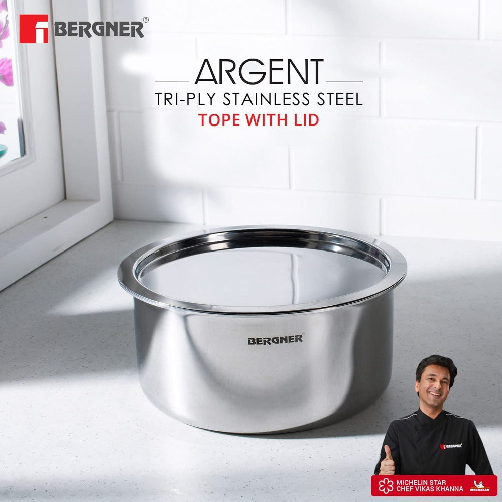 Bergner Argent Tri-Ply Stainless Steel Tope / Patila with Stainless Steel Lid | Gas & Induction Compatible | Silver