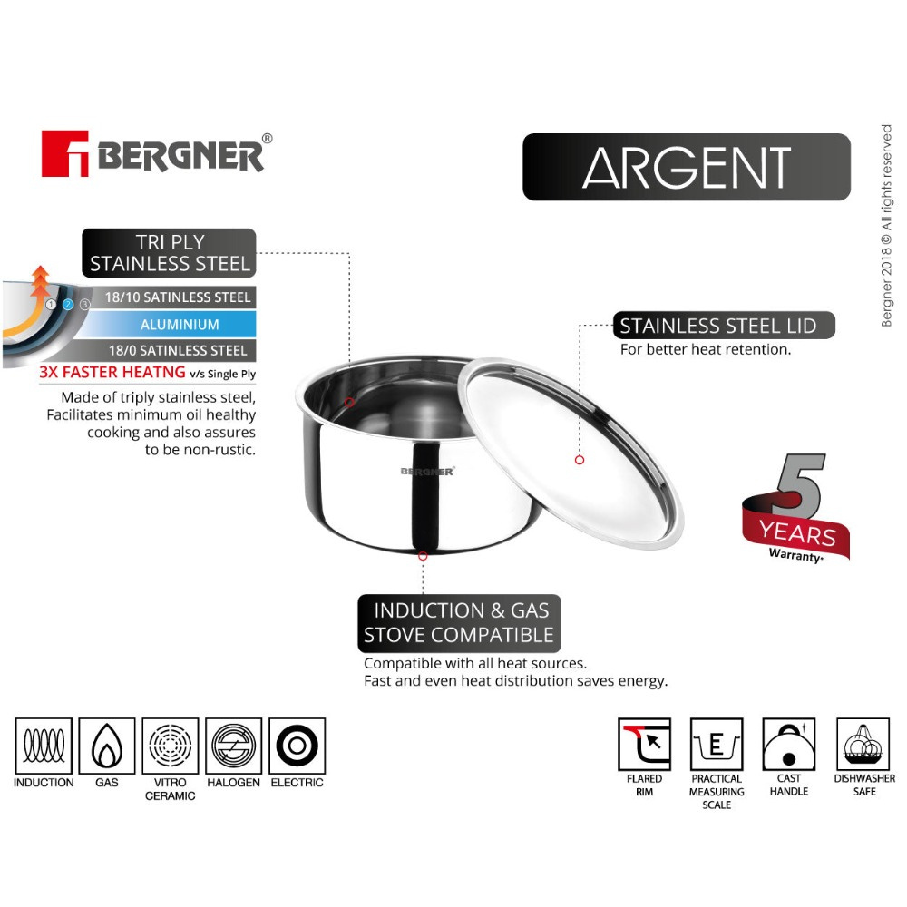 Bergner Argent Tri-Ply Stainless Steel Tope / Patila with Stainless Steel Lid | Gas & Induction Compatible | Silver