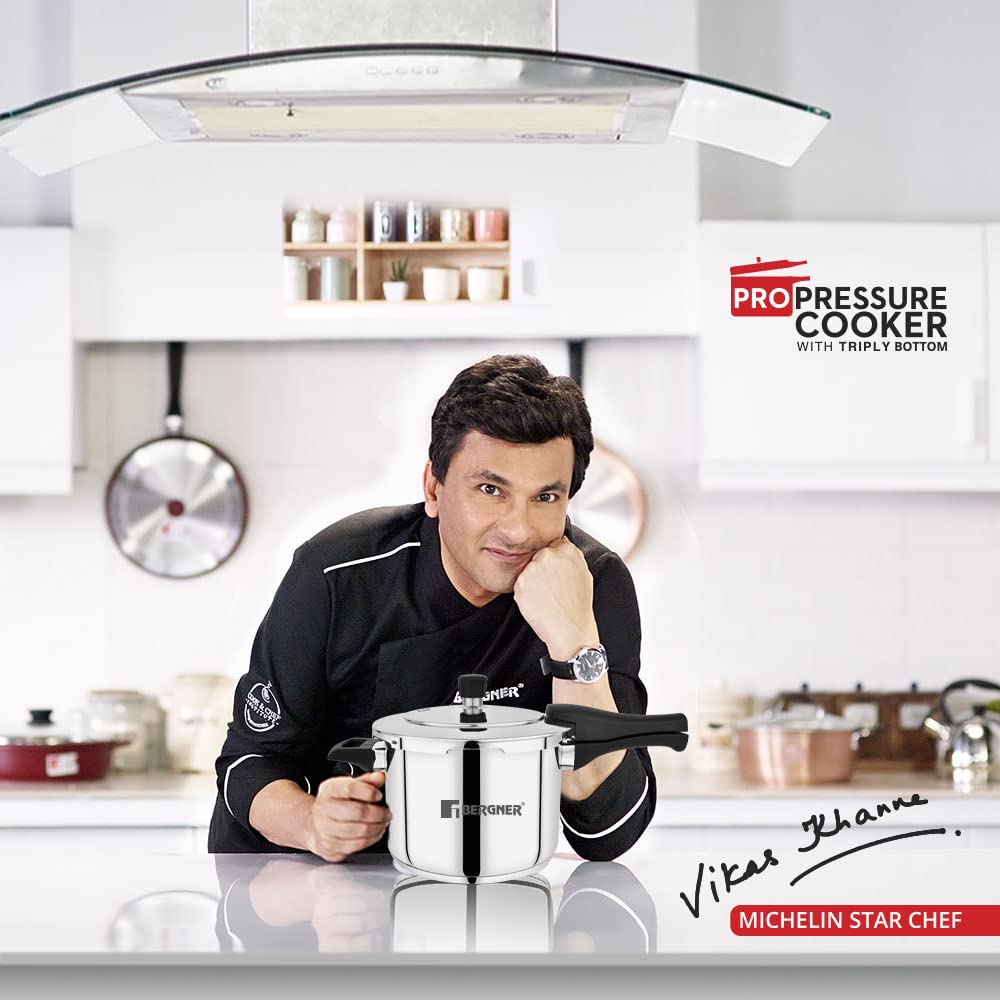 Bergner Pura Stainless Steel Outer Lid Pressure Cooker | Gas & Induction Compatible | Silver
