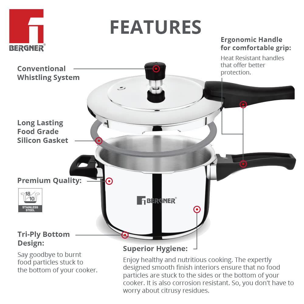 Bergner Pura Stainless Steel Outer Lid Pressure Cooker | Gas & Induction Compatible | Silver