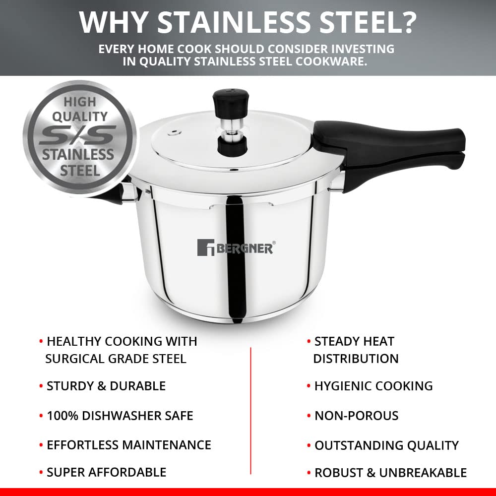 Bergner Pura Stainless Steel Outer Lid Pressure Cooker | Gas & Induction Compatible | Silver