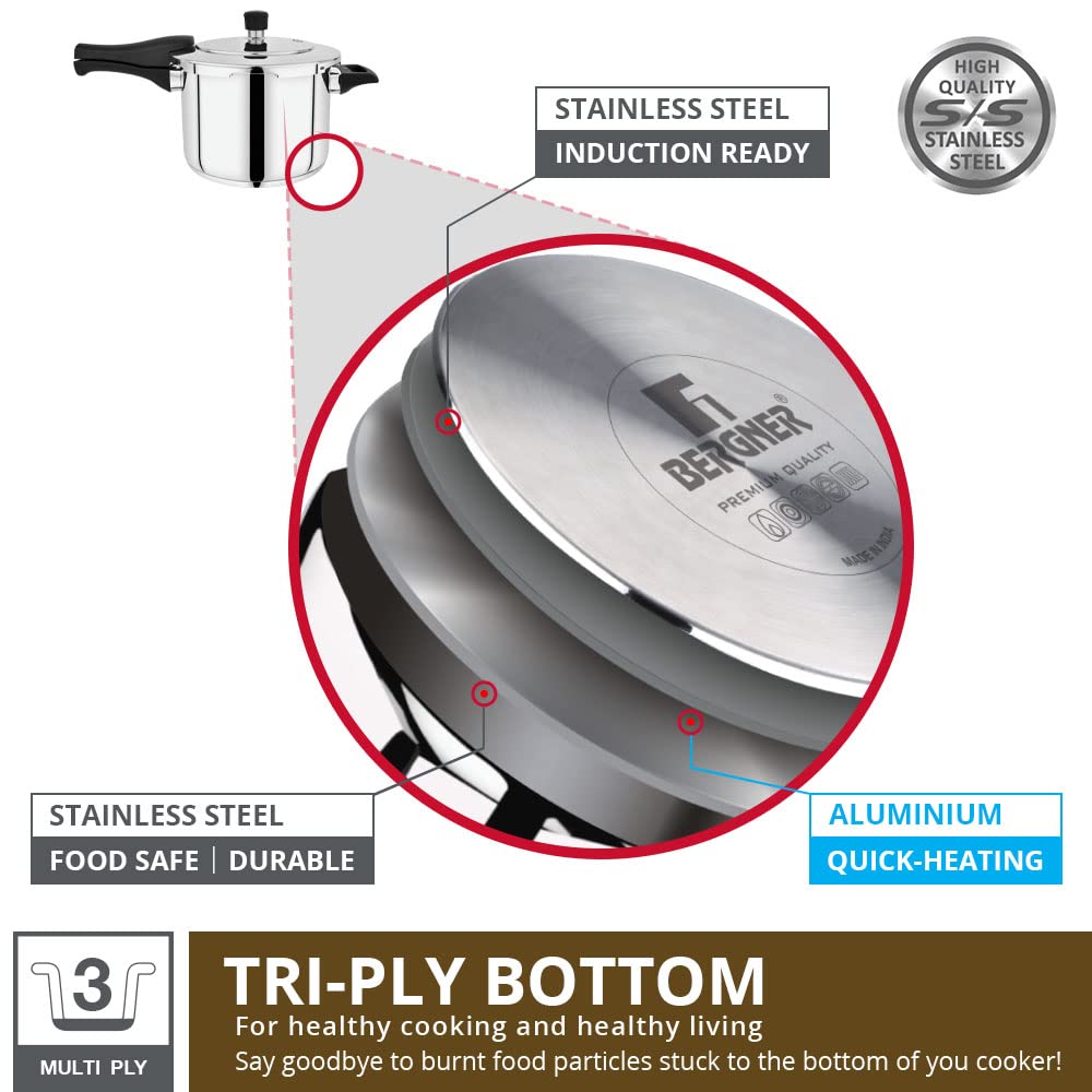 Bergner Pura Stainless Steel Outer Lid Pressure Cooker | Gas & Induction Compatible | Silver