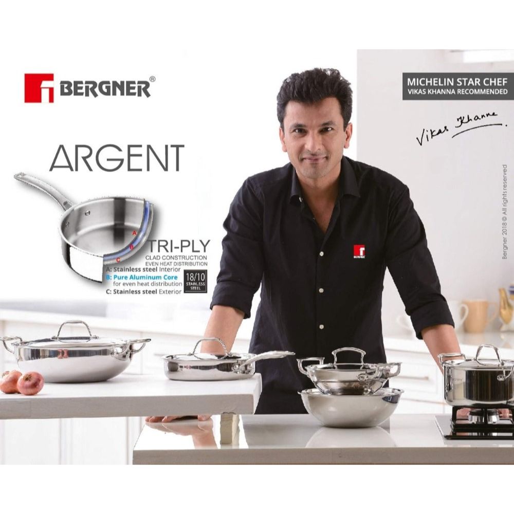 Bergner Argent Tri-Ply Stainless Steel 12 cm Tadka Pan | Gas & Induction Compatible | Silver
