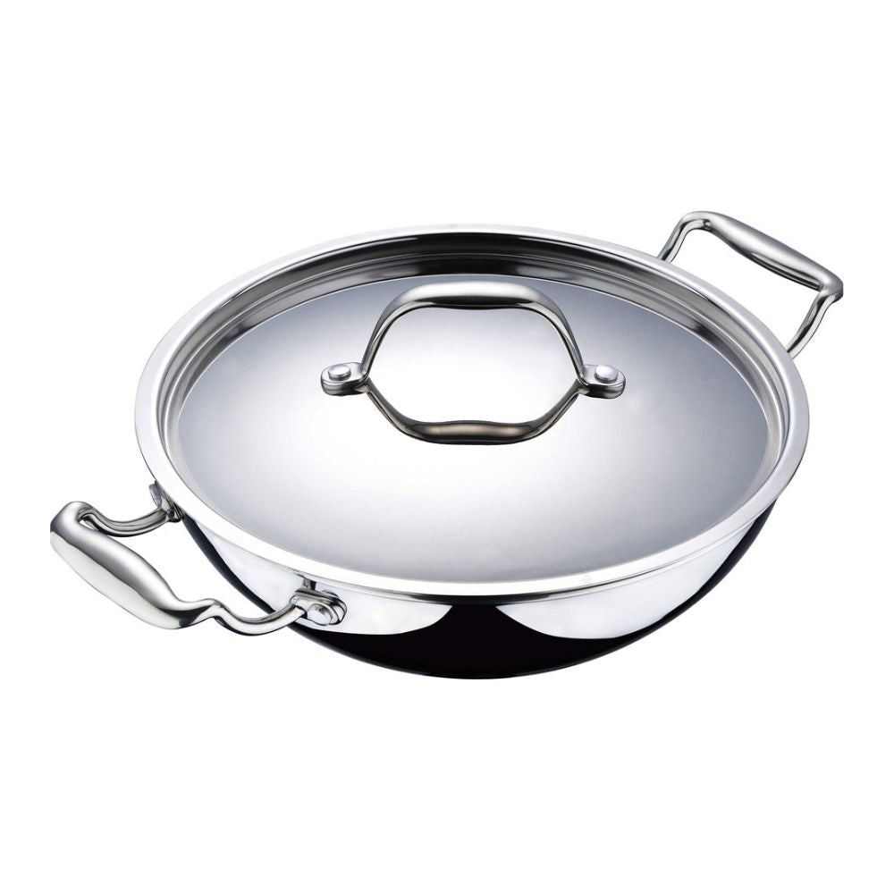 Bergner Argent Tri-Ply Kadhai with Lid | Gas & Induction Compatible | Silver
