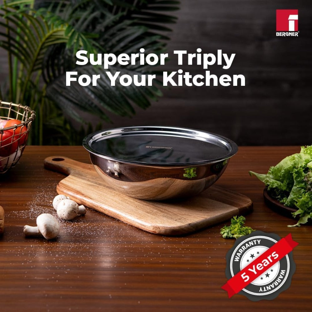 Bergner Argent Tri-Ply Stainless Steel Tasla with Stainless Steel Lid | Gas & Induction Compatible | Silver