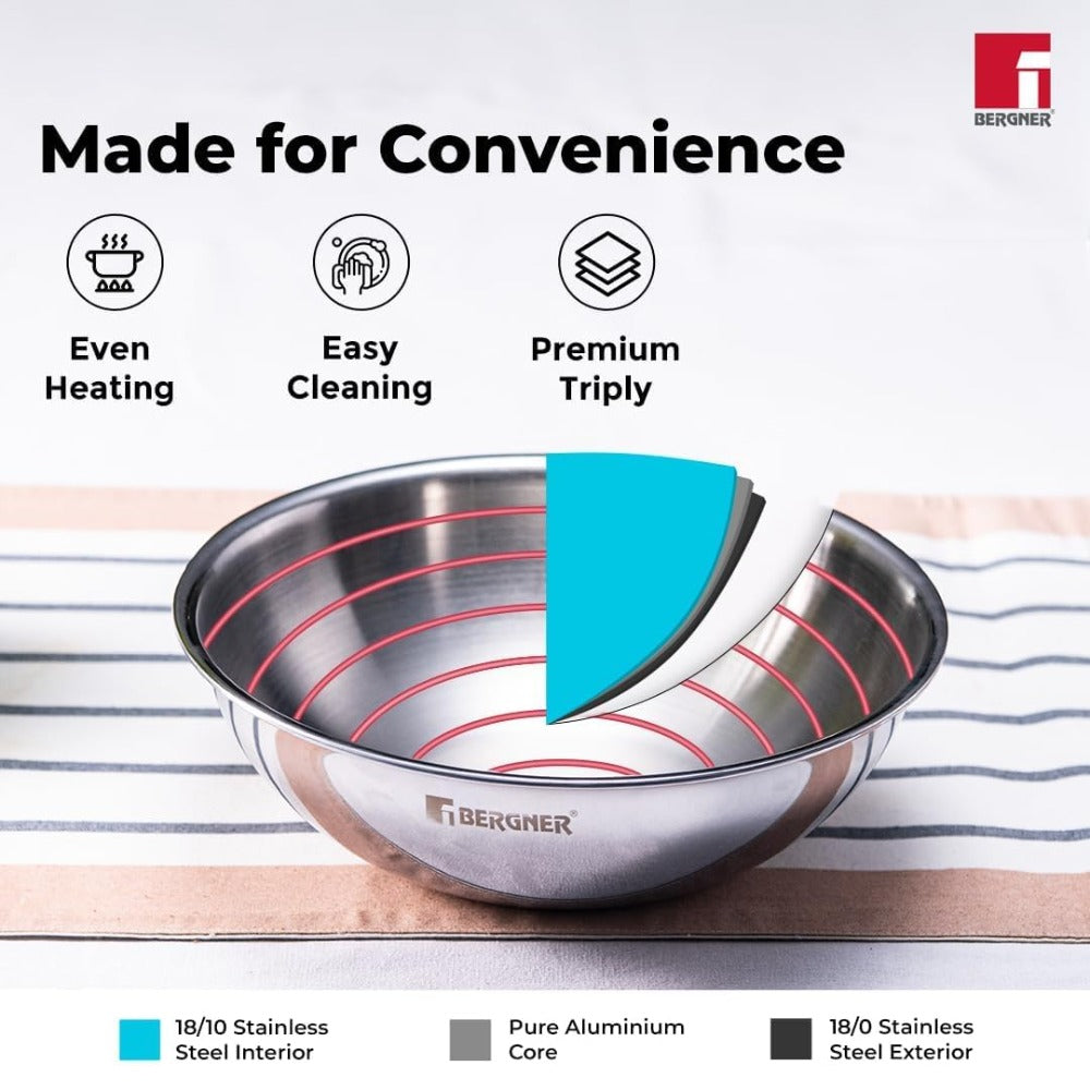 Bergner Argent Tri-Ply Stainless Steel Tasla with Stainless Steel Lid | Gas & Induction Compatible | Silver