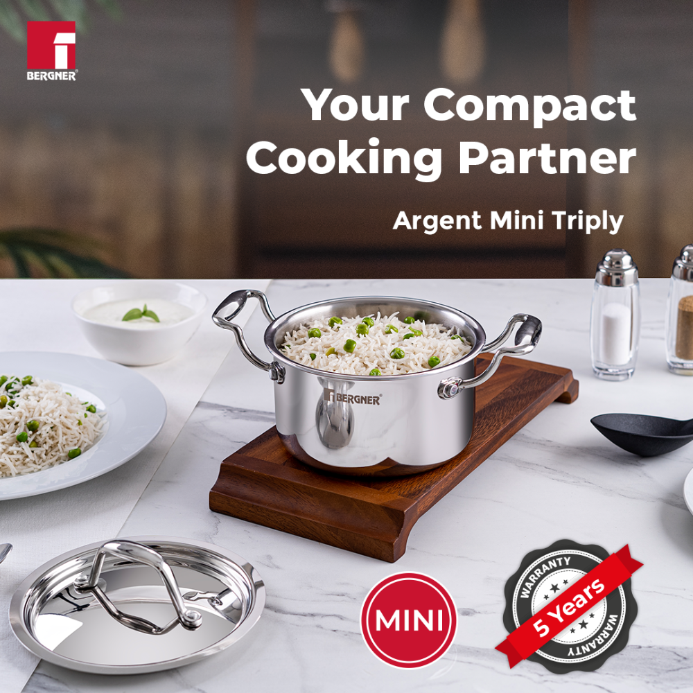 Bergner Argent Mini Tri-Ply Stainless Steel Casserole with Stainless Steel Lid | Gas & Induction Compatible | Silver | 1 Pc