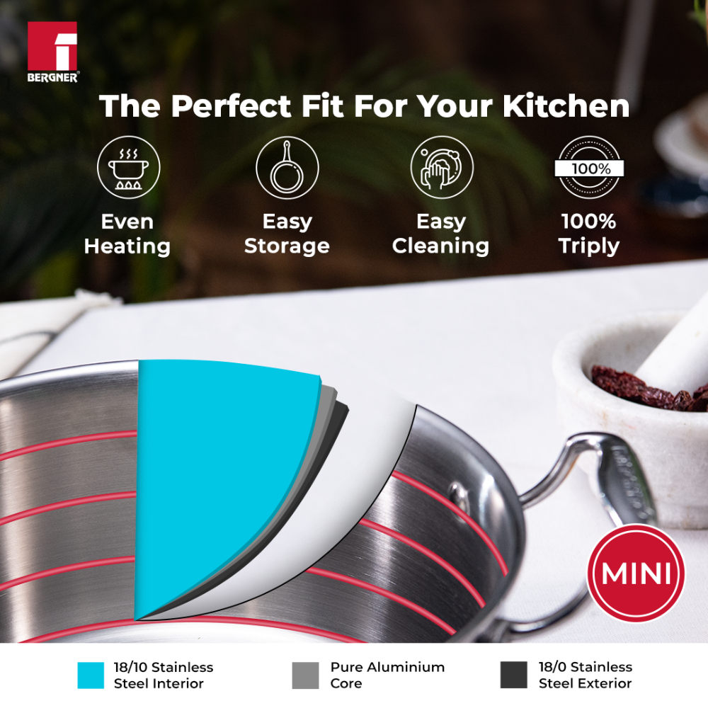 Bergner Argent Mini Tri-Ply Stainless Steel Casserole with Stainless Steel Lid | Gas & Induction Compatible | Silver | 1 Pc