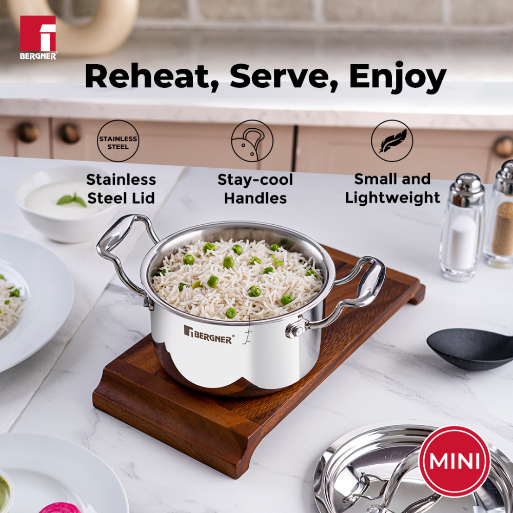 Bergner Argent Mini Tri-Ply Stainless Steel Casserole with Stainless Steel Lid | Gas & Induction Compatible | Silver | 1 Pc