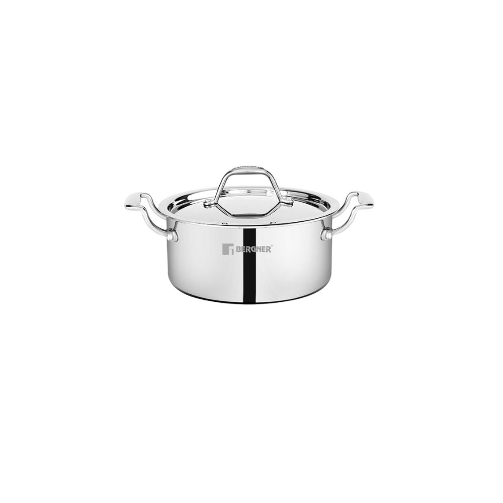 Bergner Argent Mini Tri-Ply Stainless Steel Casserole with Stainless Steel Lid | Gas & Induction Compatible | Silver | 1 Pc
