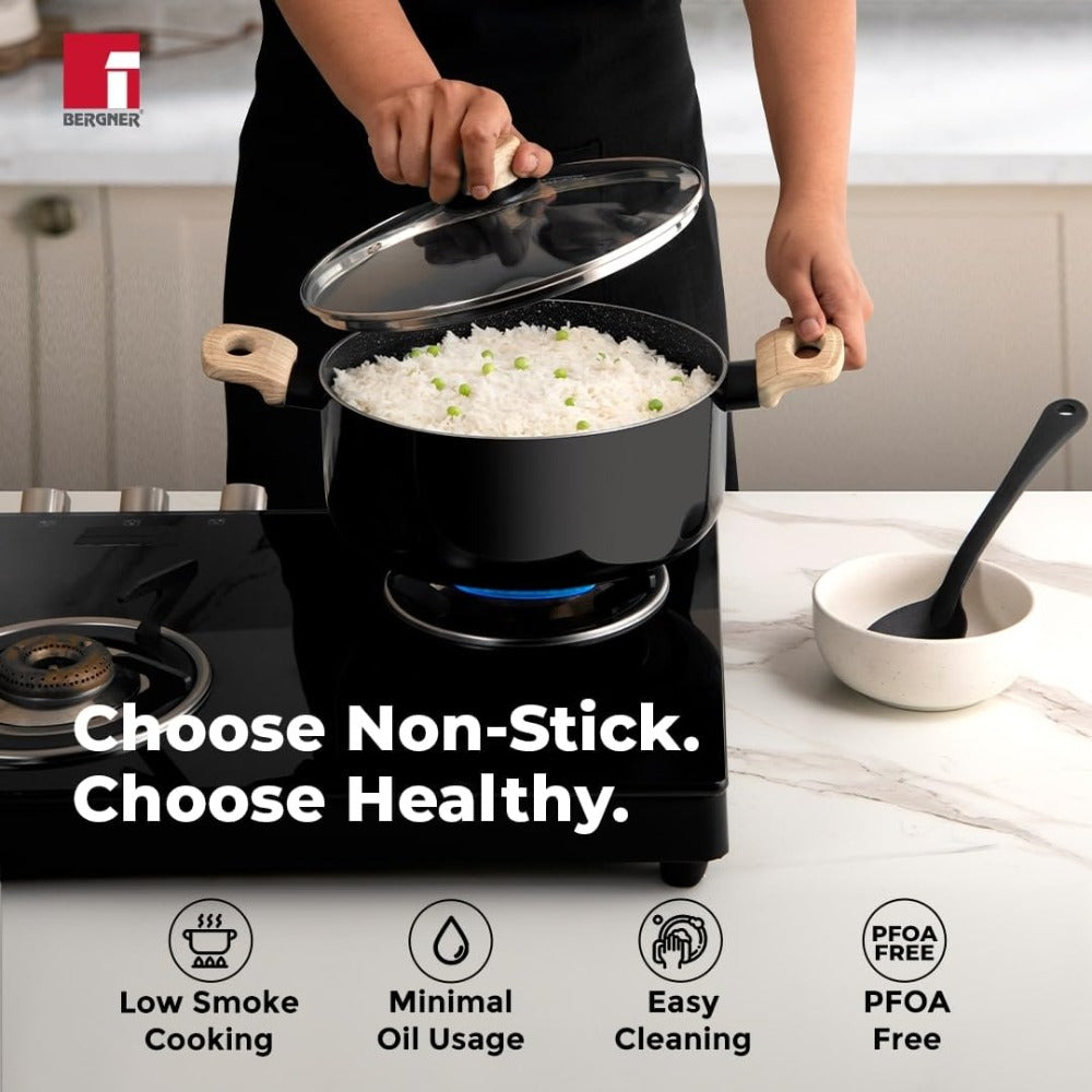 Bergner Bellini Aura Black Non Stick Casserole with Glass Lid | Gas & Induction Compatible | Black | 1 Pc