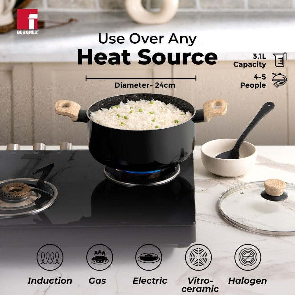 Bergner Bellini Aura Black Non Stick Casserole with Glass Lid | Gas & Induction Compatible | Black | 1 Pc
