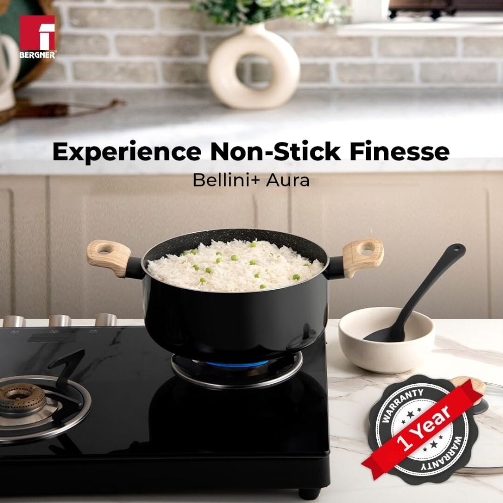 Bergner Bellini Aura Black Non Stick Casserole with Glass Lid | Gas & Induction Compatible | Black | 1 Pc