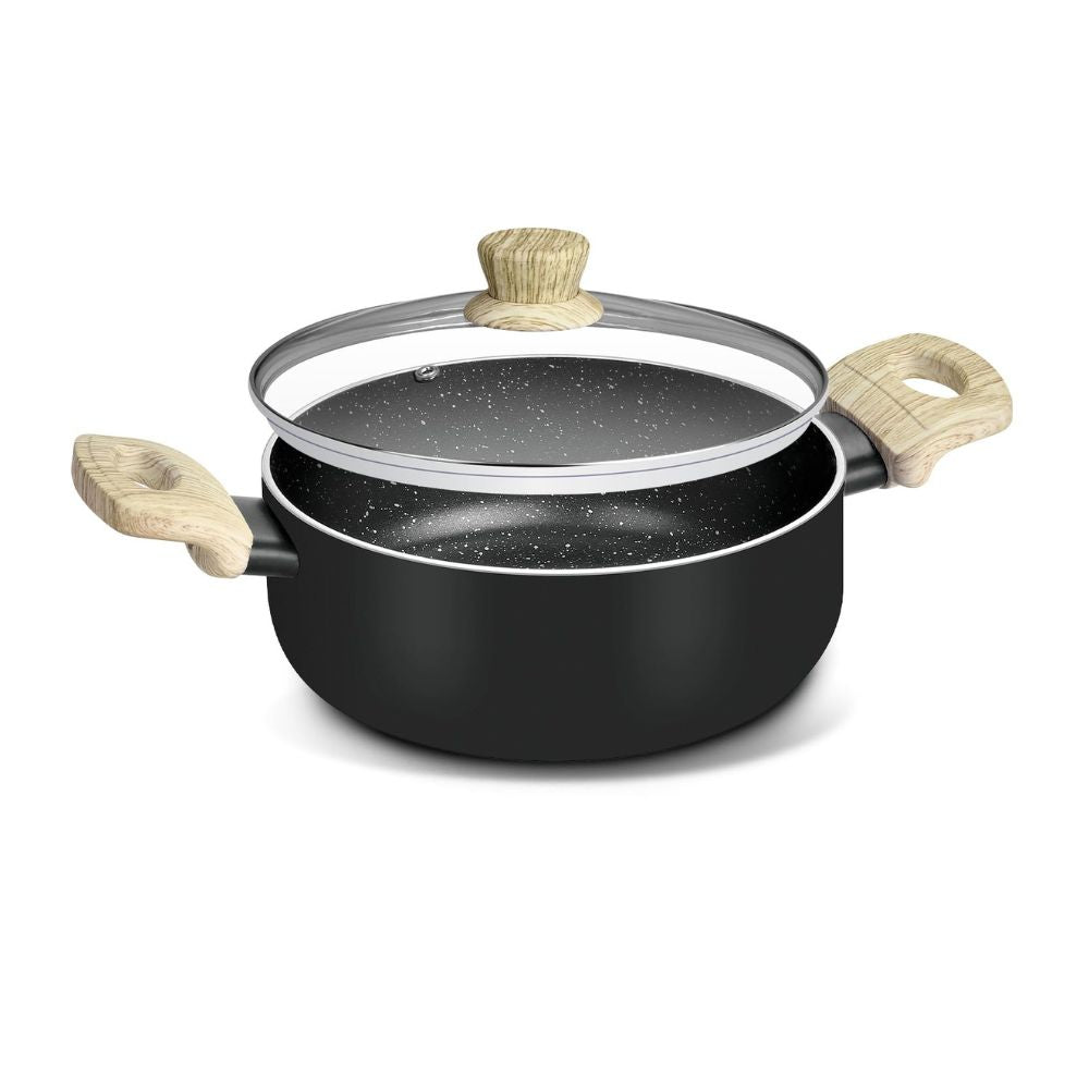 Bergner Bellini Aura Black Non Stick Casserole with Glass Lid | Gas & Induction Compatible | Black | 1 Pc