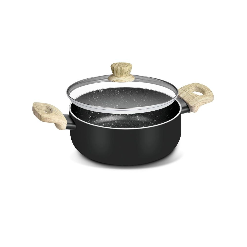 Bergner Bellini Aura Black Non Stick Casserole with Glass Lid | Gas & Induction Compatible | Black | 1 Pc