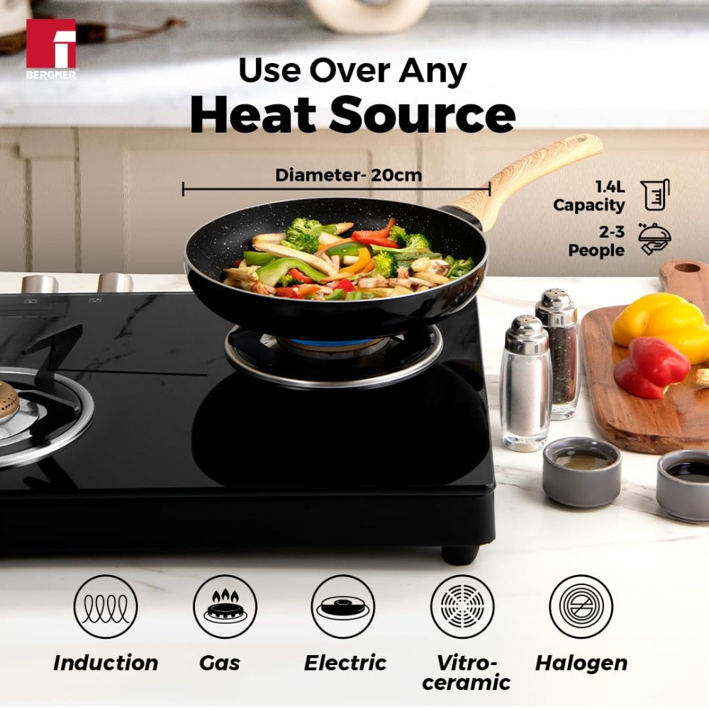 Bergner Bellini Aura 20 CM Non Stick Frypan | Gas & Induction Compatible | Black