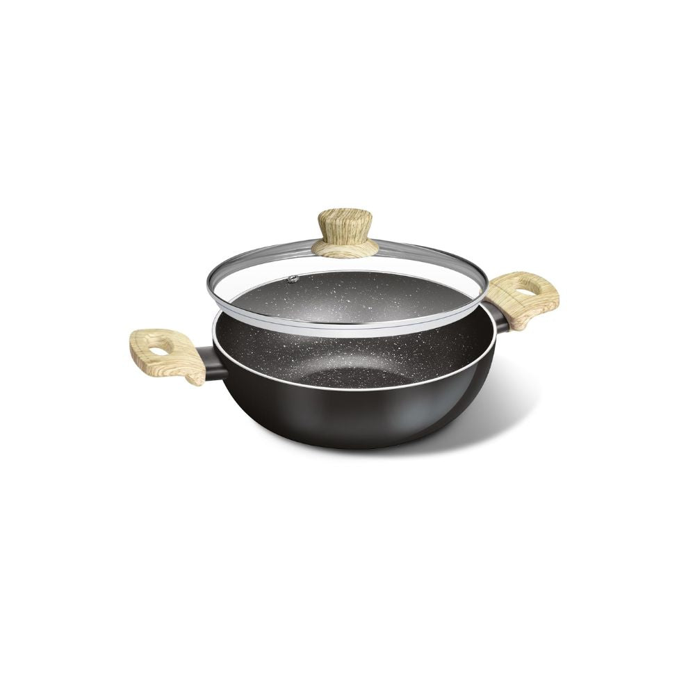 Bergner Bellini Aura Non Stick Kadai with Glass Lid | Gas & Induction Compatible | Black