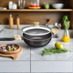 Bergner Bellini Aura Non Stick Kadai with Glass Lid | Gas & Induction Compatible | Black