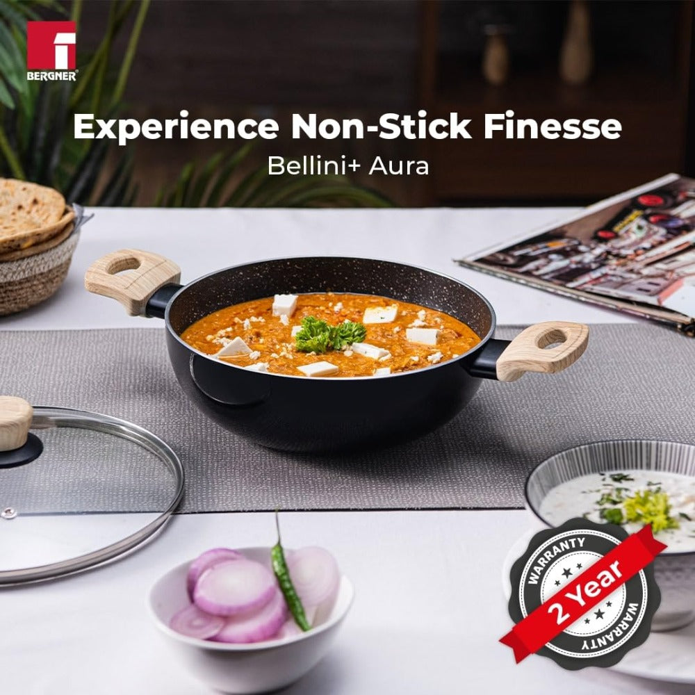 Bergner Bellini Aura Non Stick Kadai with Glass Lid | Gas & Induction Compatible | Black