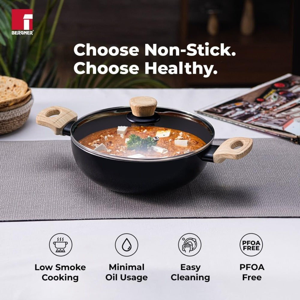 Bergner Bellini Aura Non Stick Kadai with Glass Lid | Gas & Induction Compatible | Black