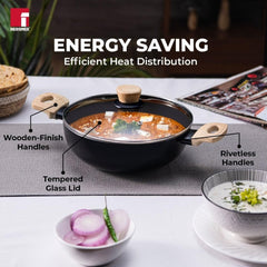 Bergner Bellini Aura Non Stick Kadai with Glass Lid | Gas & Induction Compatible | Black