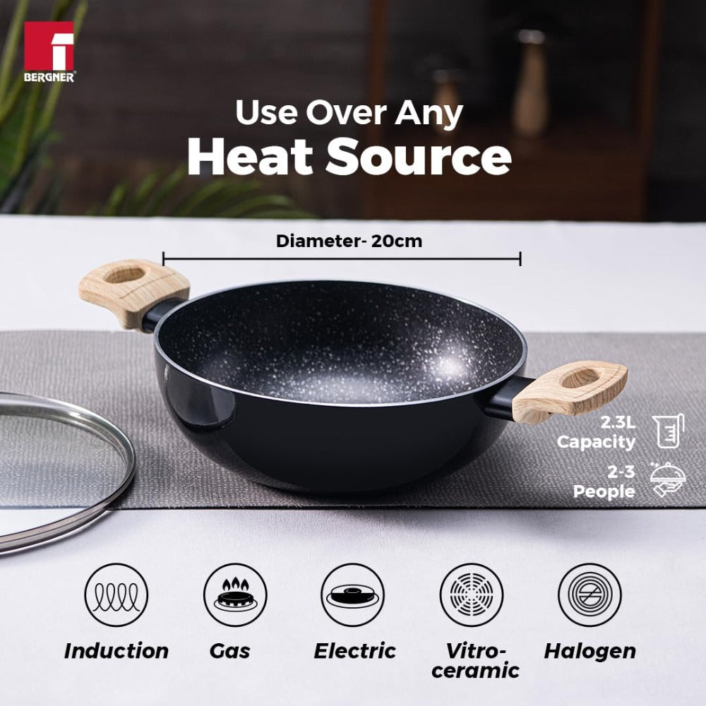 Bergner Bellini Aura Non Stick Kadai with Glass Lid | Gas & Induction Compatible | Black